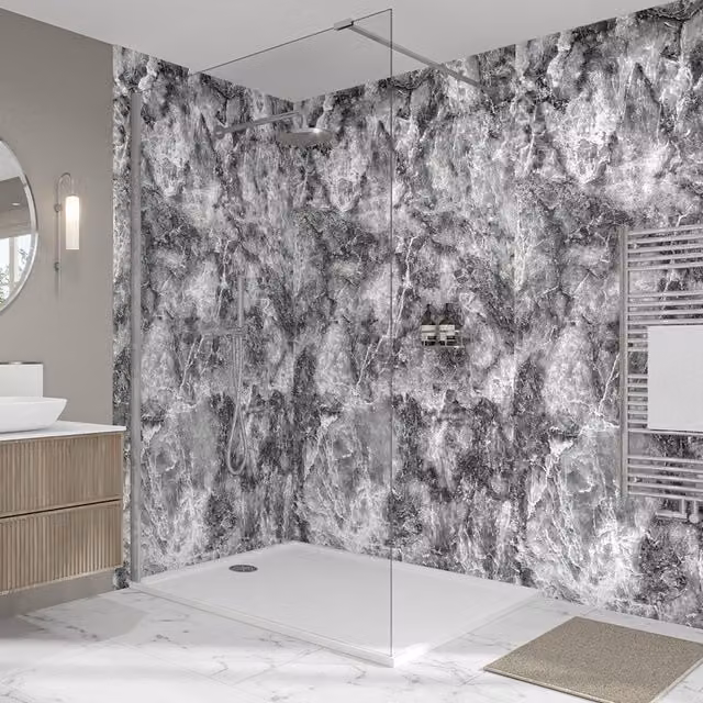 Wetwall Elite Double Post Formed Onyx Grigio Shower Panel in Grey Stone Look