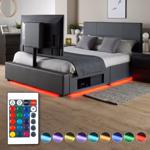 XR Living Ava Upholstered TV Bed with LED Lighting in Grey, W/D/H: 180 x 200 cm