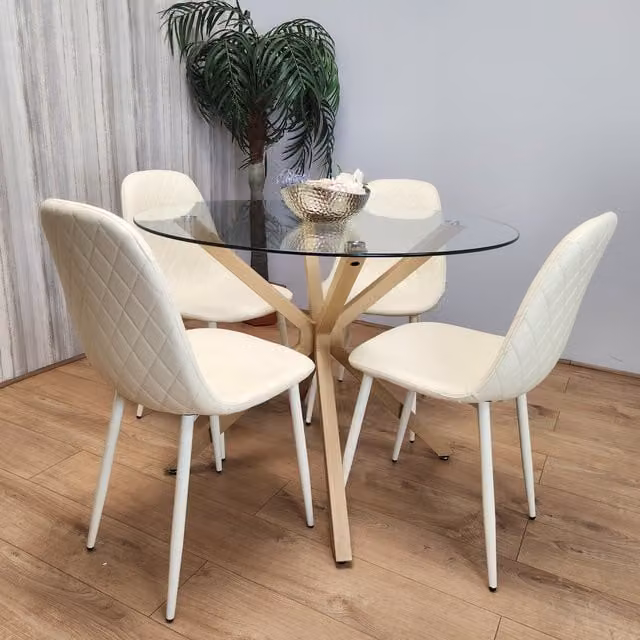 Kosy Koala Modern Round Glass Dining Table with 4 Beige Chairs Set