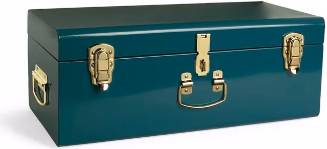 Beautify Vintage Metal Storage Trunk with Lockable Lid and Handles in Petrol and Gold