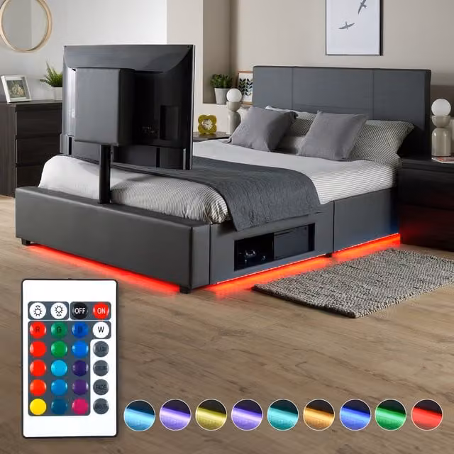XR Living Ava Upholstered TV Bed with LED Lighting in Grey, W/D/H: 180 x 200 cm