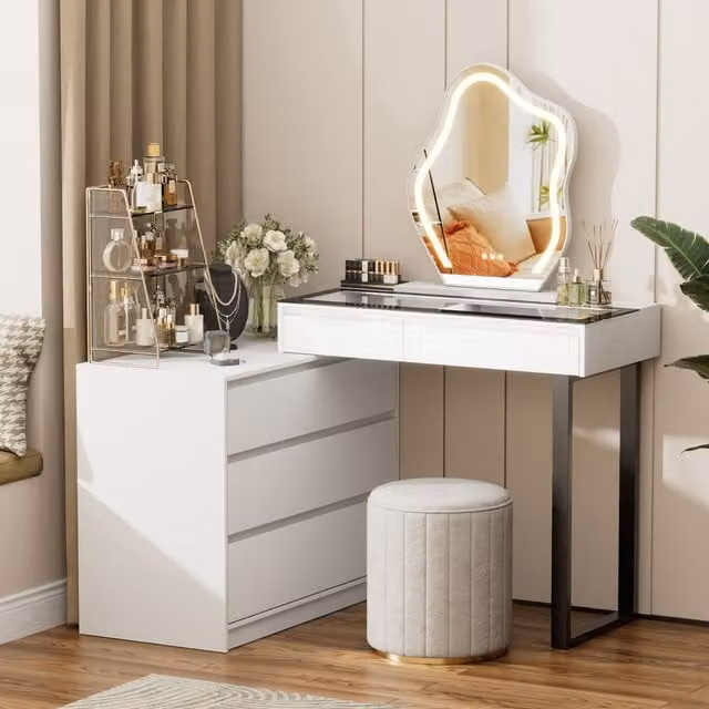 BROTTAR Modern White Vanity Dressing Table with Hollywood LED Mirror and Transparent Glass Top