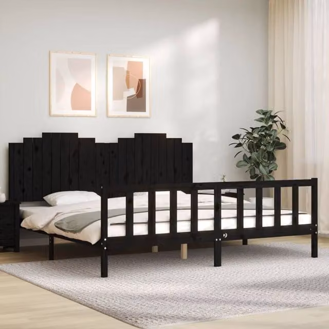 Berkfield Home Beautiful Solid Wood Bed Frame with Headboard in Black, W/D/H: 200 x 200 x 205.5 cm