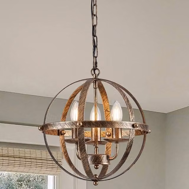 NIVOR 3 Light Industrial Globe Vintage Chandelier Spherical Pendant in Gold/Brass with Transparent Glass Shades and E14 Base