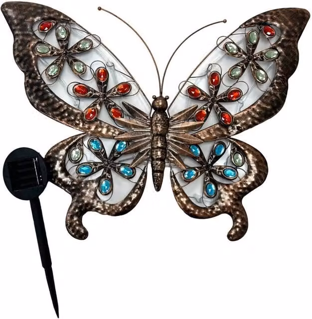 Kelvenix Solar Powered Metal Jewelled Butterfly Wall Art in Bronze