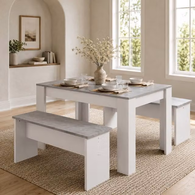Abrihome Modern Rectangular Dining Table Set with 2 Benches in Grey and White