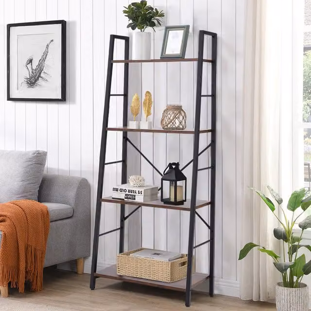 Livingandhome Industrial 4-Tier Ladder Bookshelf, Brown Metal Open-Back Design