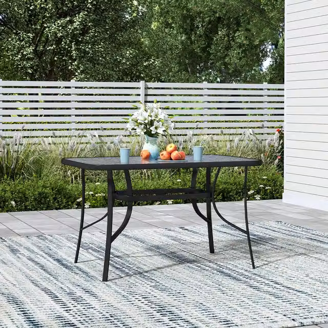 Breeins Modern Black Outdoor Garden Table with Tempered Glass and Metal Frame