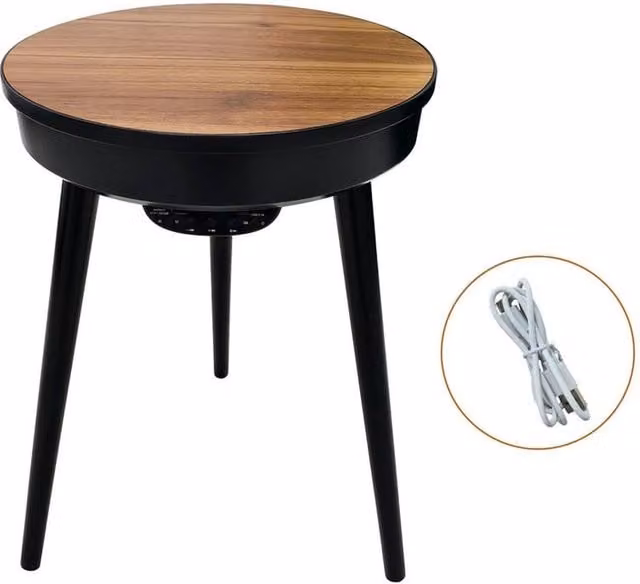 ERGOVEXA Round Walnut and Black Wood Side Table with Integrated Bluetooth Speaker – 1
