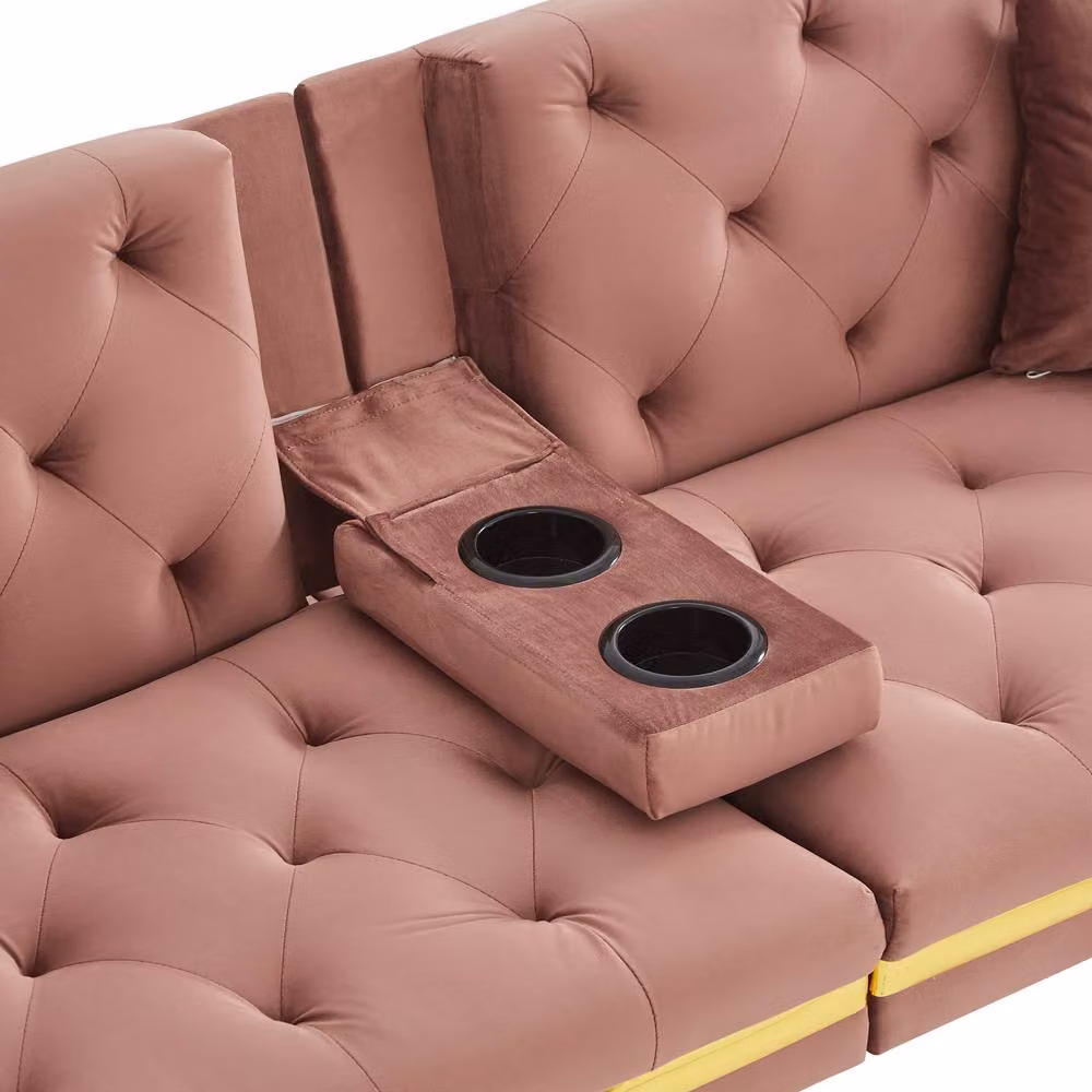 Merax Pink Velvet Sofa Bed with Gold Trim and Fold-Down Cup Holders, W: 174 cm, H: 76 cm, D: 71.5 cm – 7