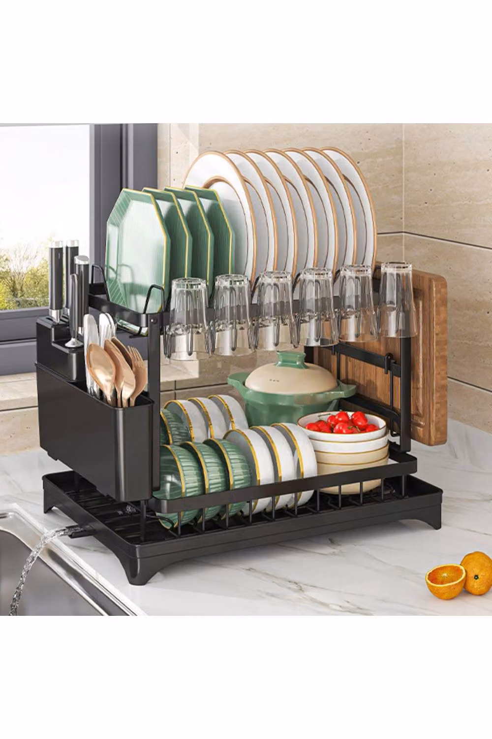 KDMD 2 Tier Sink Dish Drainer Rack with Drip Tray and Cutlery Holder, Black Coated Steel – 3