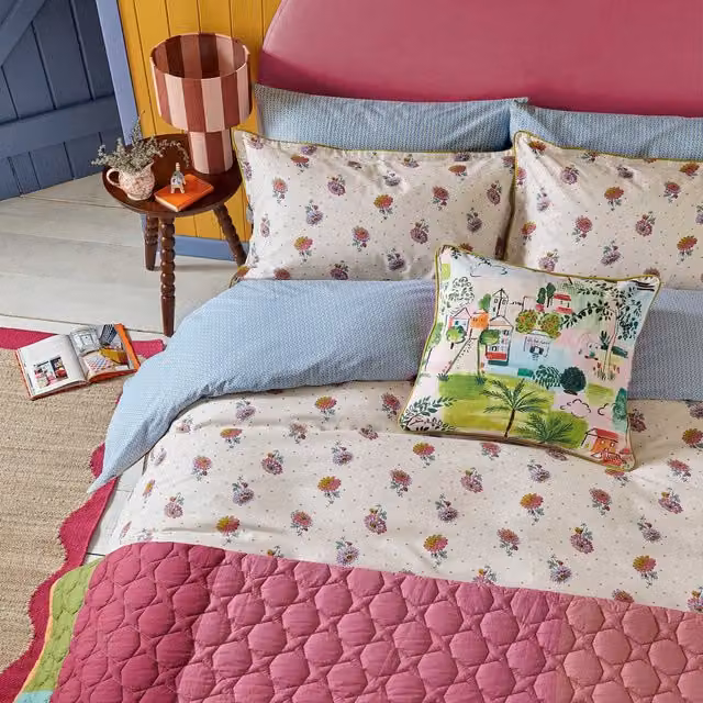 Land & Shore Rene Kingsize Reversible Floral Cotton Duvet Cover and Pillowcase Set, Multicolour