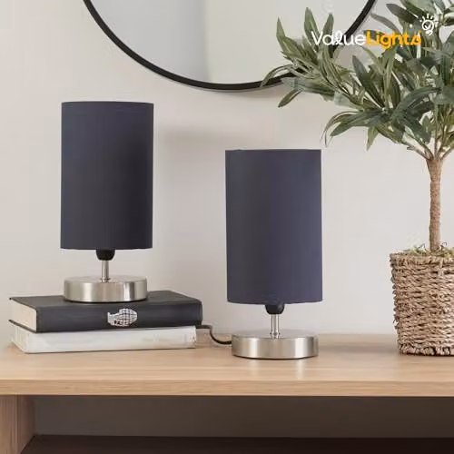 ValueLights Cylinder Touch Dimmable Table Lamp with Blue Fabric Shade in Chrome – 4