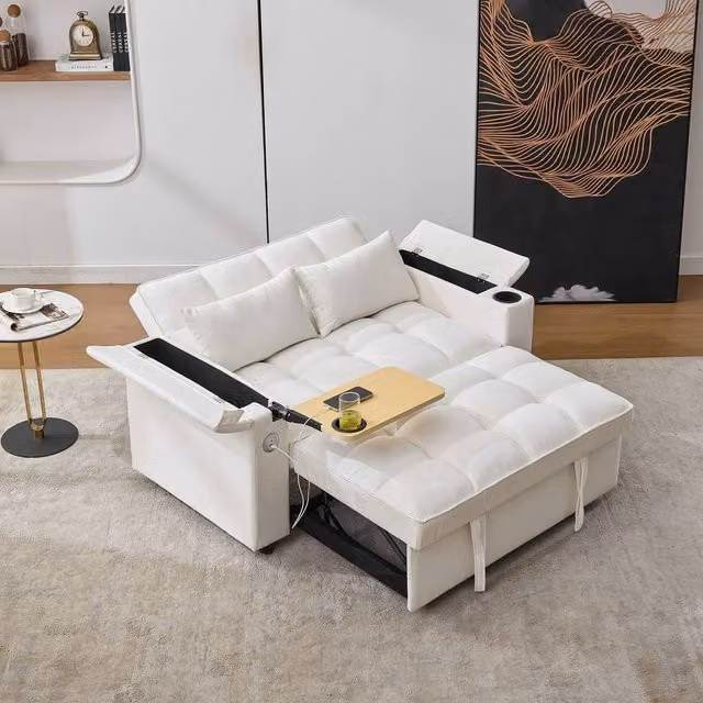 Merax Pull-Out Sofa Bed with Swivel Tray Table and Flip-Top Storage Arms in Beige