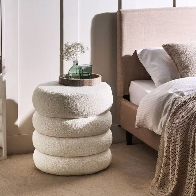 Wyld and Coco Off-White Bouclé Round Pouffe Cylindrical Footstool and Extra Seat