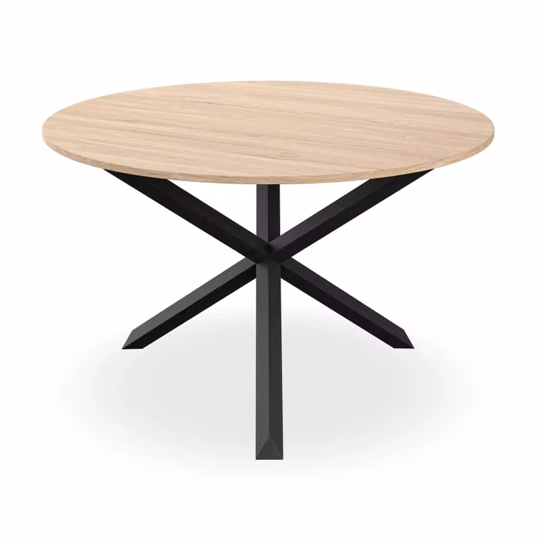 More4Homes Malvern Round Dining Table and 4 Nova Faux Leather Chairs Set, Oak Top with Black Legs and Grey Chairs