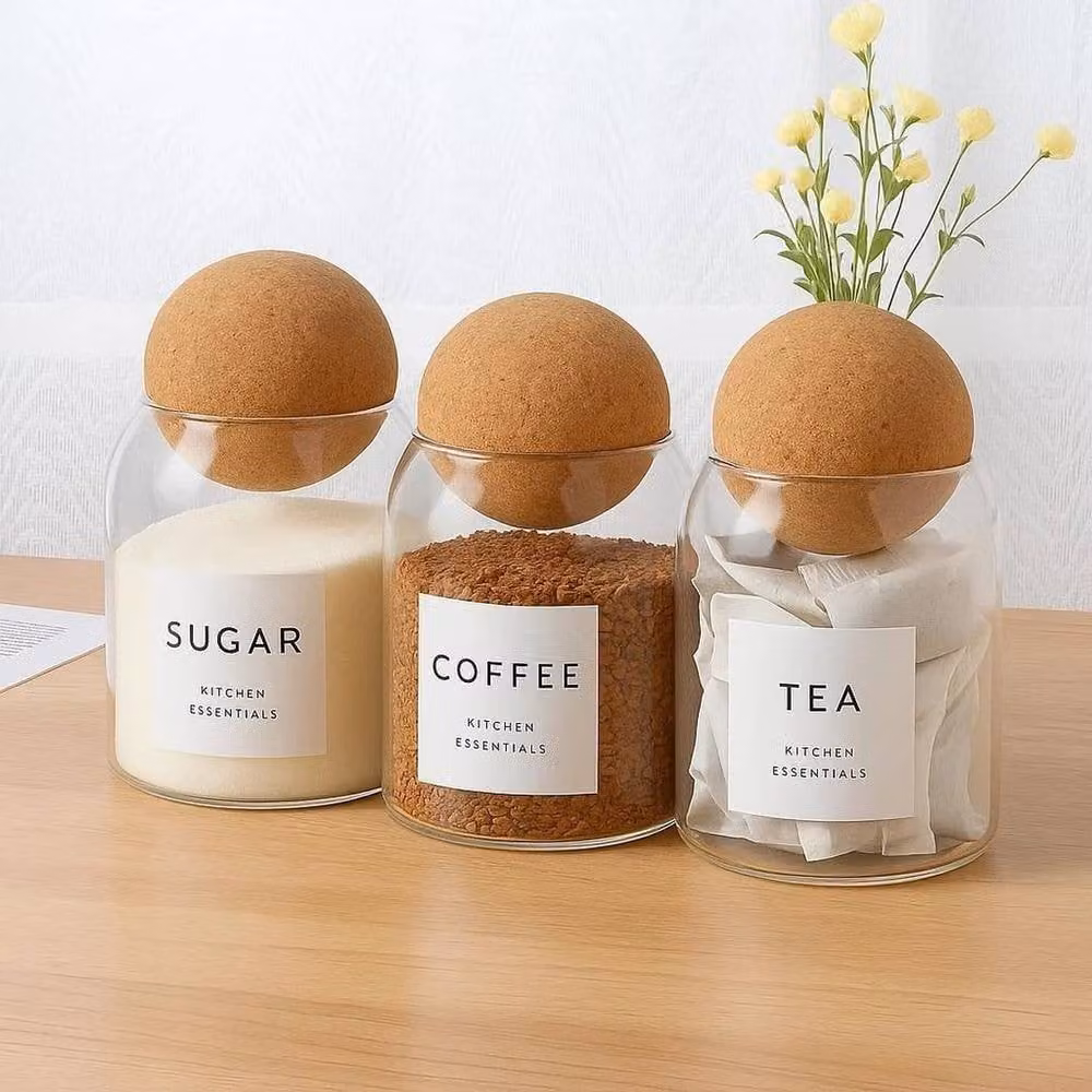 PAWNORA Clear Glass Jars with Cork Ball Lids – 3