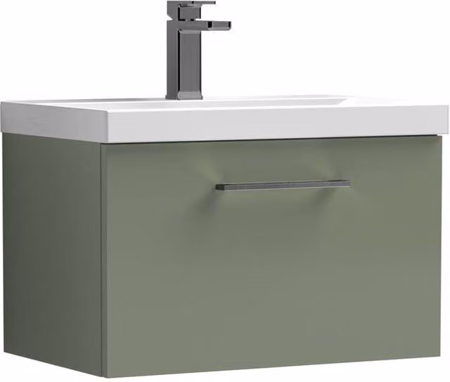 Balterley 600mm Wall Hung 1 Drawer Vanity Basin Unit in Satin Green with Pewter Handle – 1