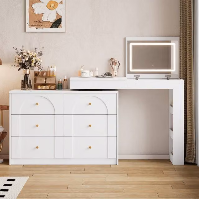 Rolipo Modern L-Shaped White Makeup Vanity Desk with Hollywood LED Mirror and 7 Drawers