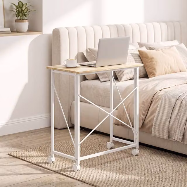 STILVORA Folding Writing Desk with Castors, Natural Wood, W: 80 cm, D: 40 cm, H: 75 cm – 1