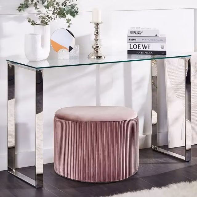 Wyld and Coco Console Table with Transparent Tempered Glass Top and Polished Silver Stainless Steel, W/D/H: 120 x 40 x 75 cm