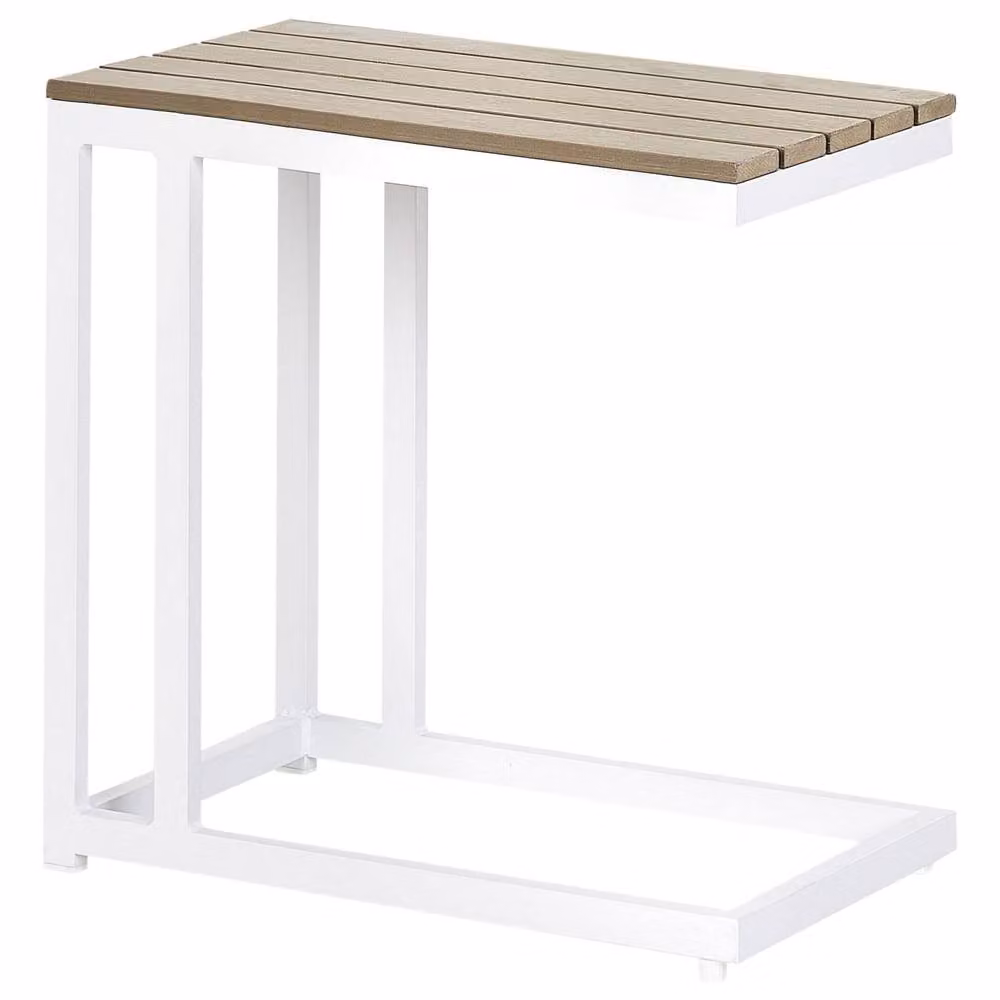 Wyld and Coco Garden Side Table with Brown Wood Effect Plastic Top and White Powder Coated Aluminium Base – 2