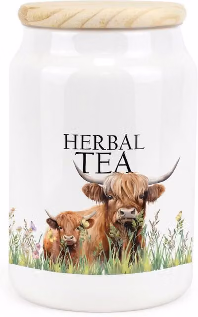 Purely Home Floral Highland Cow and Calf Ceramic Herbal Tea Storage Canister in Brown and White