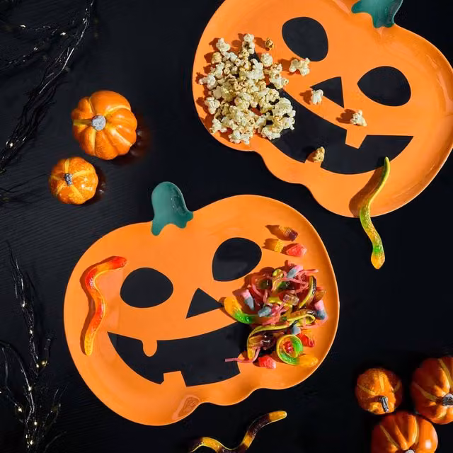 OHS 2 Pack Orange Pumpkin Shaped Plastic Serving Platters for Halloween