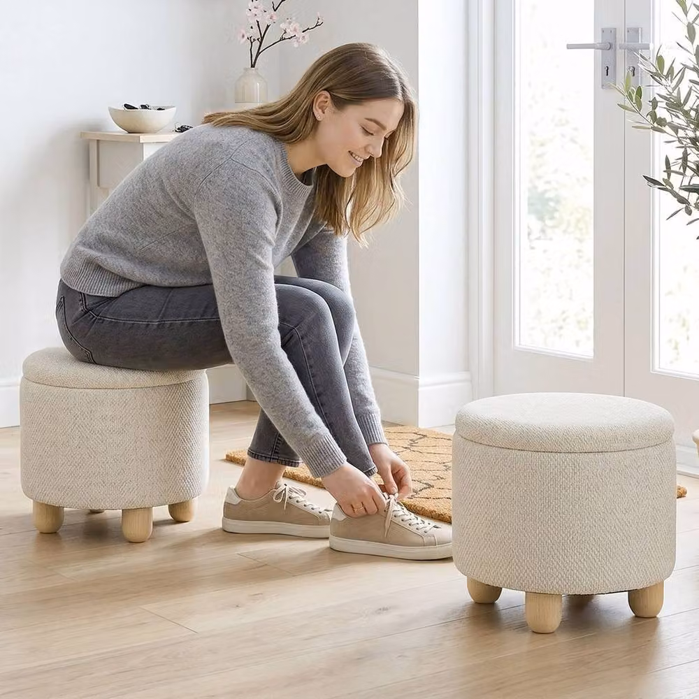 NESTLUNE Round Storage Ottoman with Reversible Lid in Beige, Diameter: 100 cm, Height: 15 cm – 2