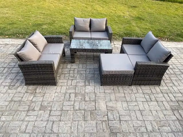 Fimous 7 Seater Rattan Wicker Garden Furniture Set in Dark Grey with Coffee Table, Double Seater Sofa and Ottoman