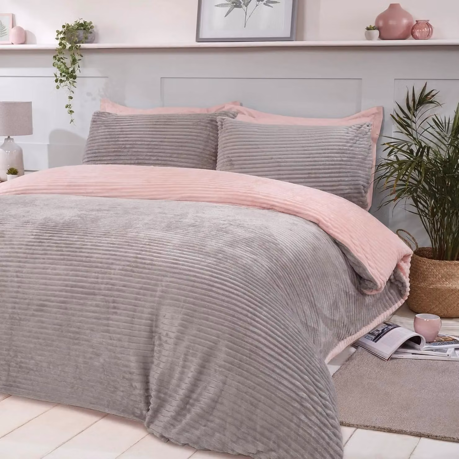 Smart Living Reversible Sparkle Ribbed Fleece Duvet Cover and Pillowcases, Pink, W: 180 cm, D: 200 cm