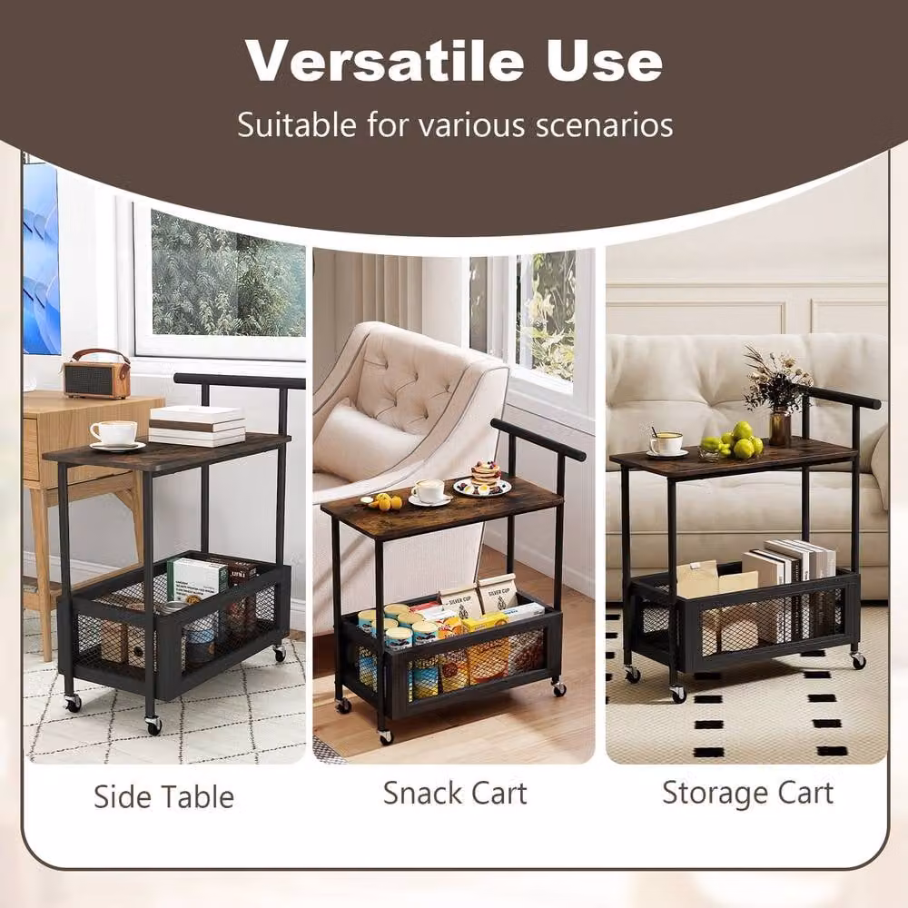 Gymax 2-Tier Industrial Rolling End Table with Handle and Mesh Basket in Brown – 3
