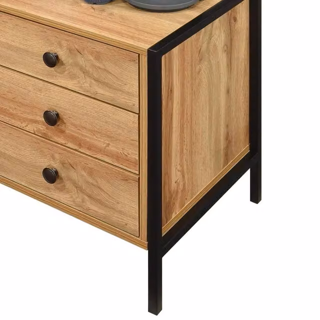 FORGEVIO Industrial Oak 3 Drawer Bedside Table in Brown and Multicolour