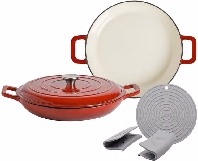 Argon Tableware Pack of 2 Shallow Cast Iron Casserole Dishes in Red Ombre and Black