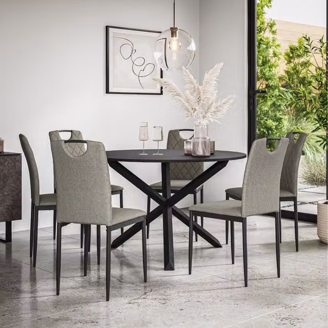 More4Homes Malvern Round Black Dining Table Set with 6 Grey Monza Fabric Chairs and Black Oak Legs