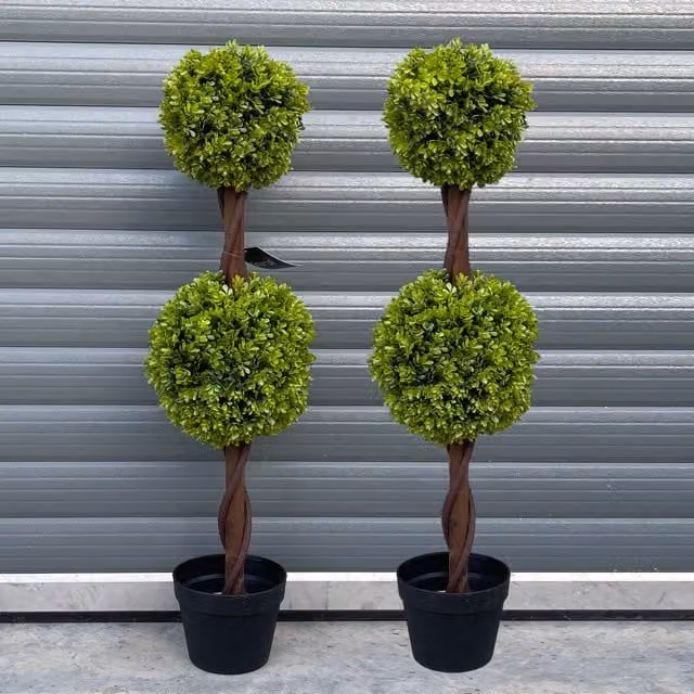 Pair of Green Double Ball Topiary Trees with Black and Wood Accents