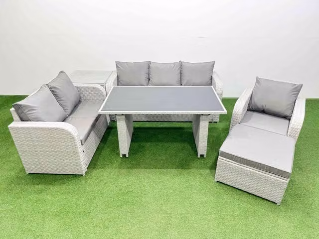 Fimous 7 Seater Rattan Outdoor Sofa Set with Side Table and Large Stool in Light Grey