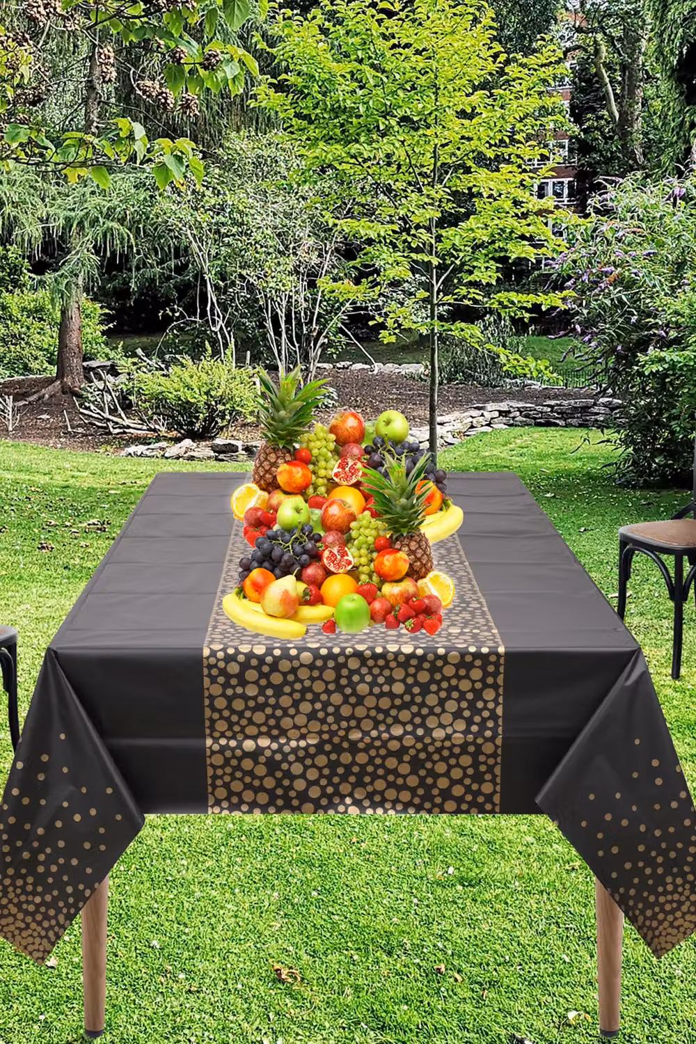 Neel Blue PVC Rectangular Tablecloth with Gold Dot Confetti Print, Black and Blue, W: 137 cm, L: 274 cm – 1