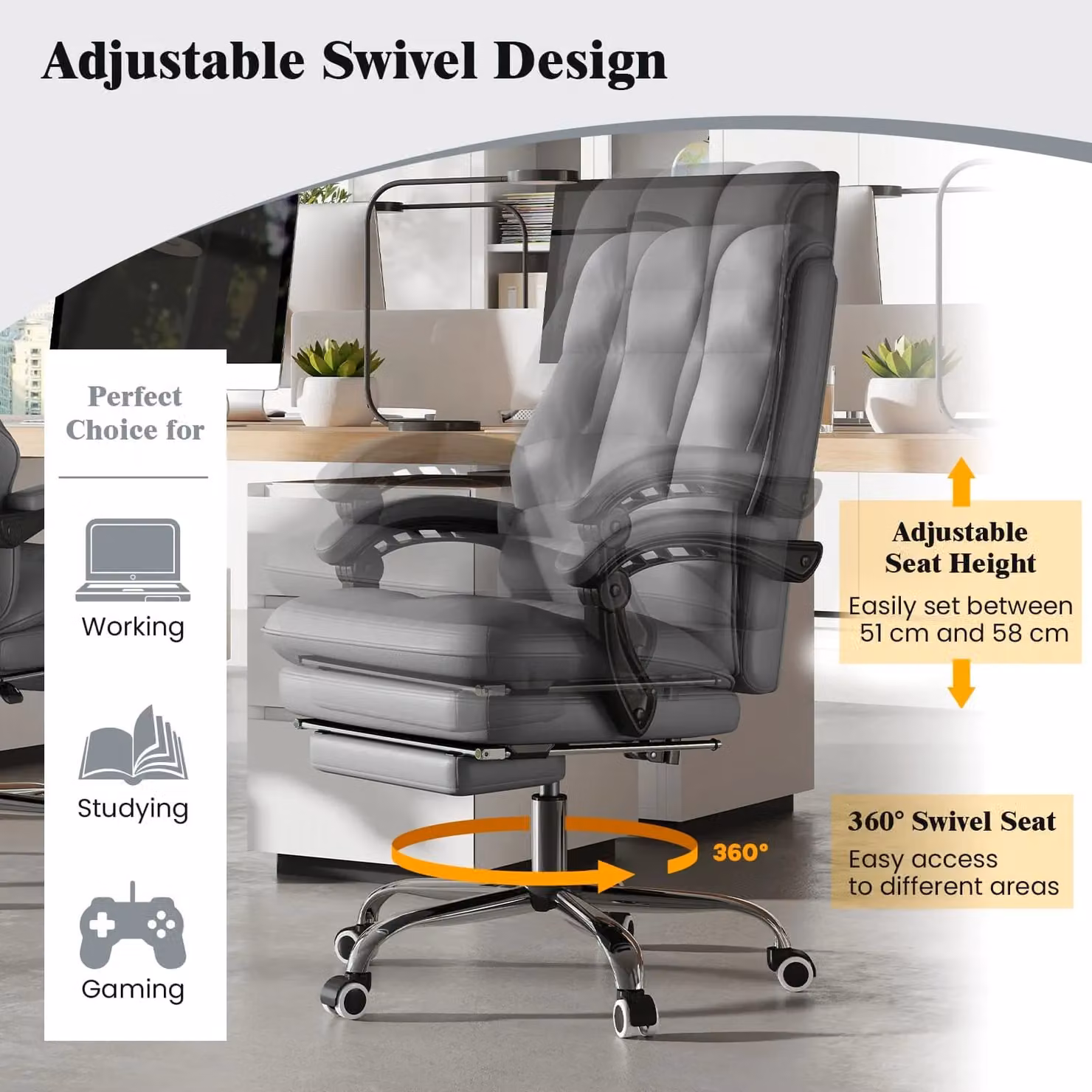 Costway Ergonomic Grey PU Leather Office Chair with Swivel Seat and Headrest – 7