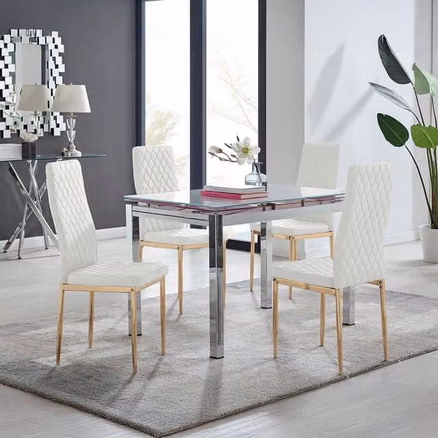 FurnitureboxUK Enna White Glass Extending Dining Table and 4 Gold Leg Milan Chairs