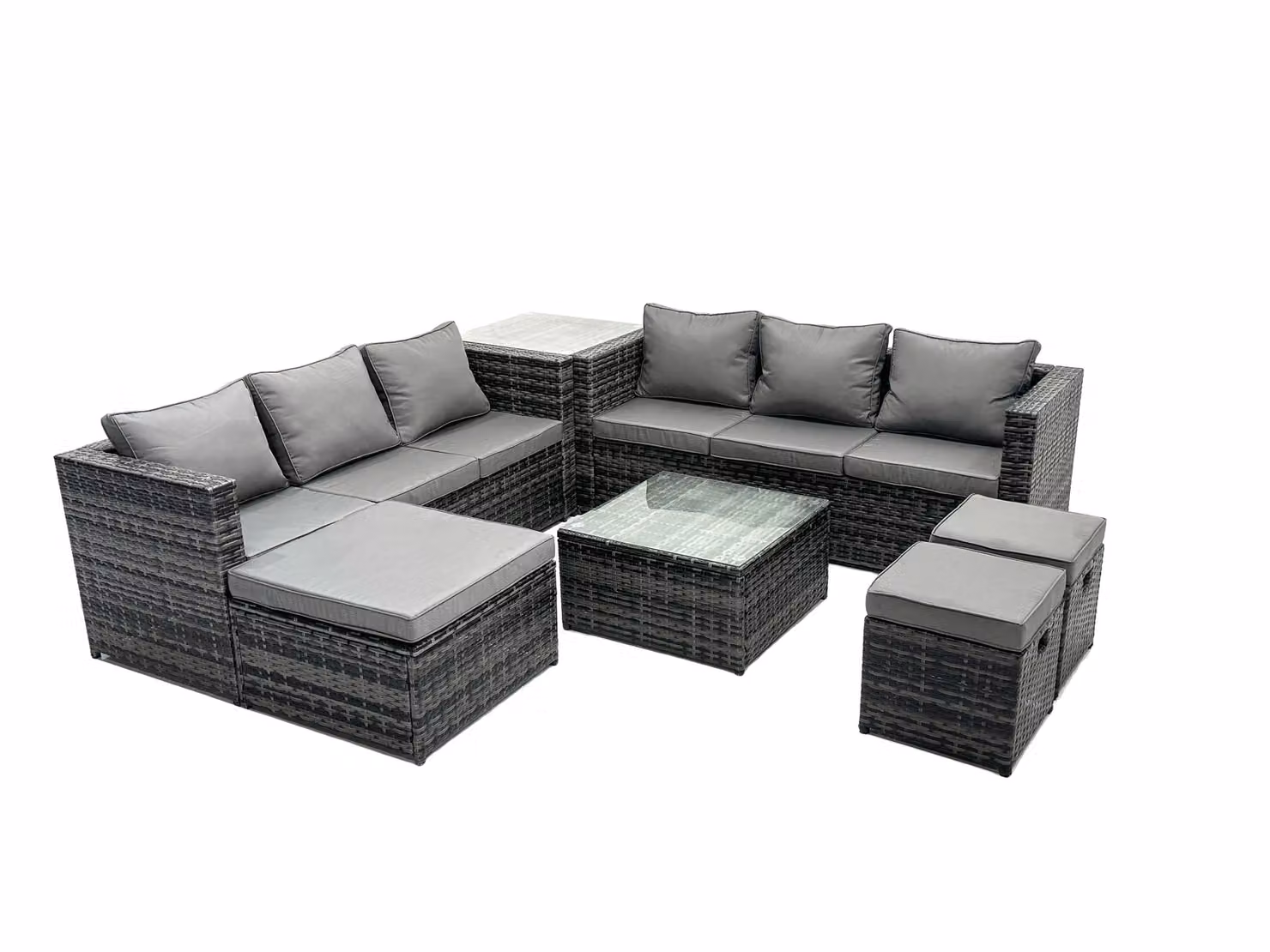 Fimous 9 Seater Patio Lounge Sofa Set with Side Table and 3 Footstools in Dark Grey – 2