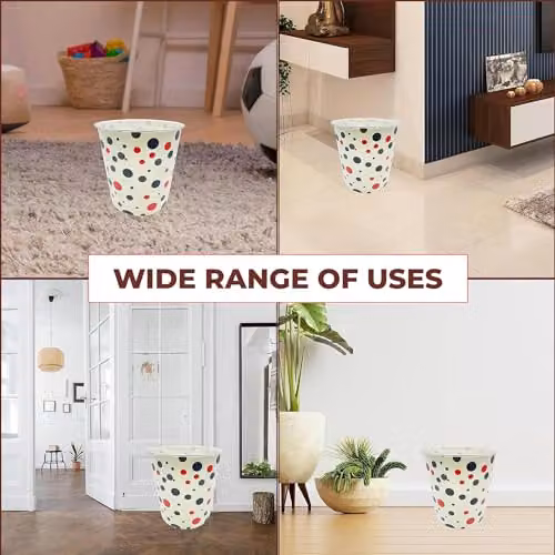MantraRaj 7.7L Plastic Round Waste Paper Basket in White with Black Dot – 2