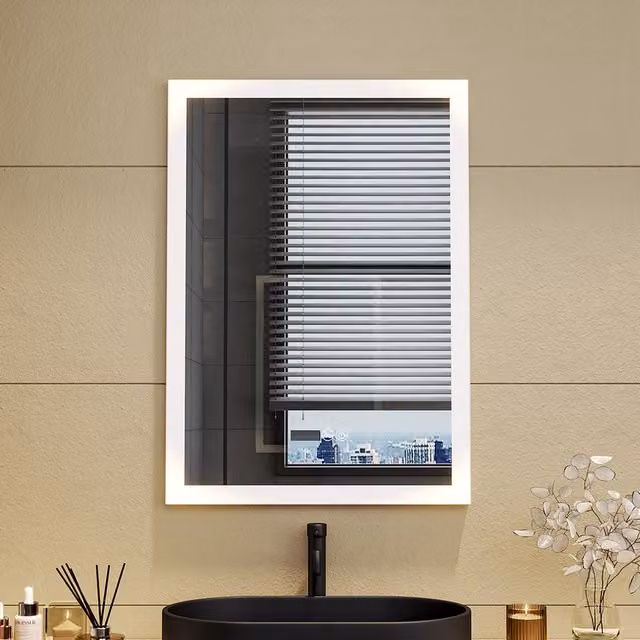 Livingandhome White Aluminum Rounding LED Bathroom Mirror with Clock and Fog Free Function
