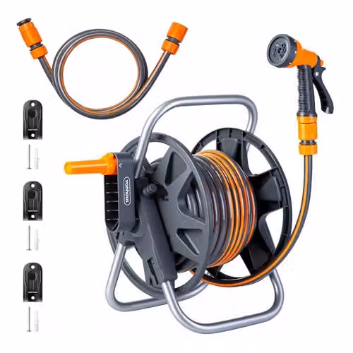 Vonhaus 2-in-1 Garden Hose Reel with 15m Hose, 8-Pattern Spray Nozzle and 1/2" and 3/4" Fittings, Grey and Orange