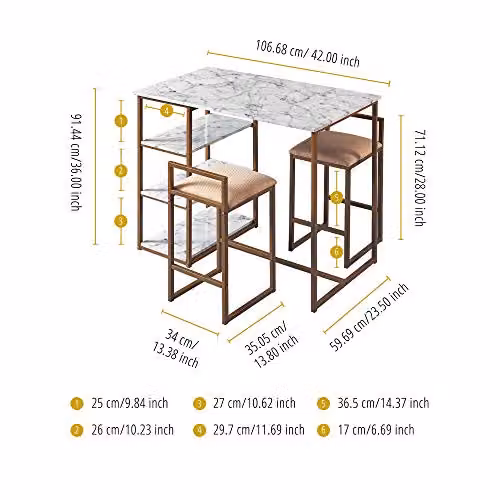 Teamson Home Marmo 3 Piece Breakfast Dining Set with Faux White Marble Tabletop and 2 Padded Stools in White, Gold and Beige – 2