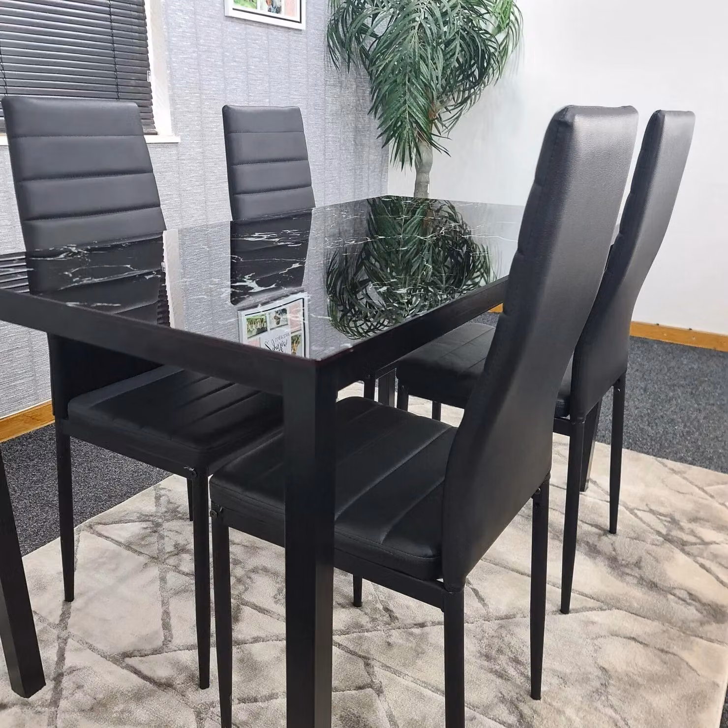 Kosy Koala Modern Dining Set with Black Marble Effect Glass Table and 4 Black Leather Chairs in Brown – 2