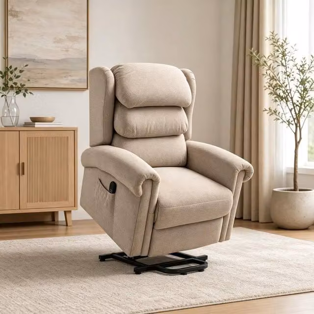 STILVORA Electric Riser Recliner Chair with USB and Side Pockets in Beige Velvet Fabric