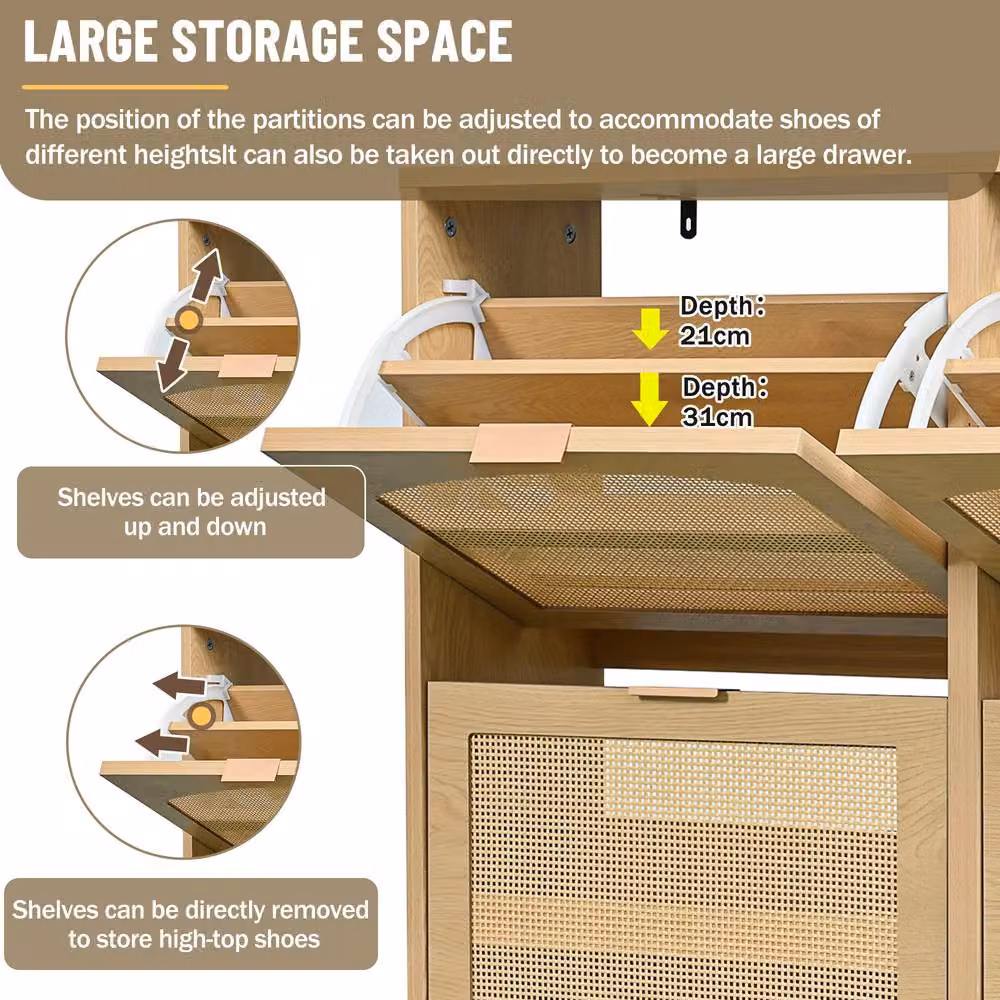 BTM Rattan Slim Shoe Cabinet with Storage Drawers and Hinged Doors in Light Oak – 4