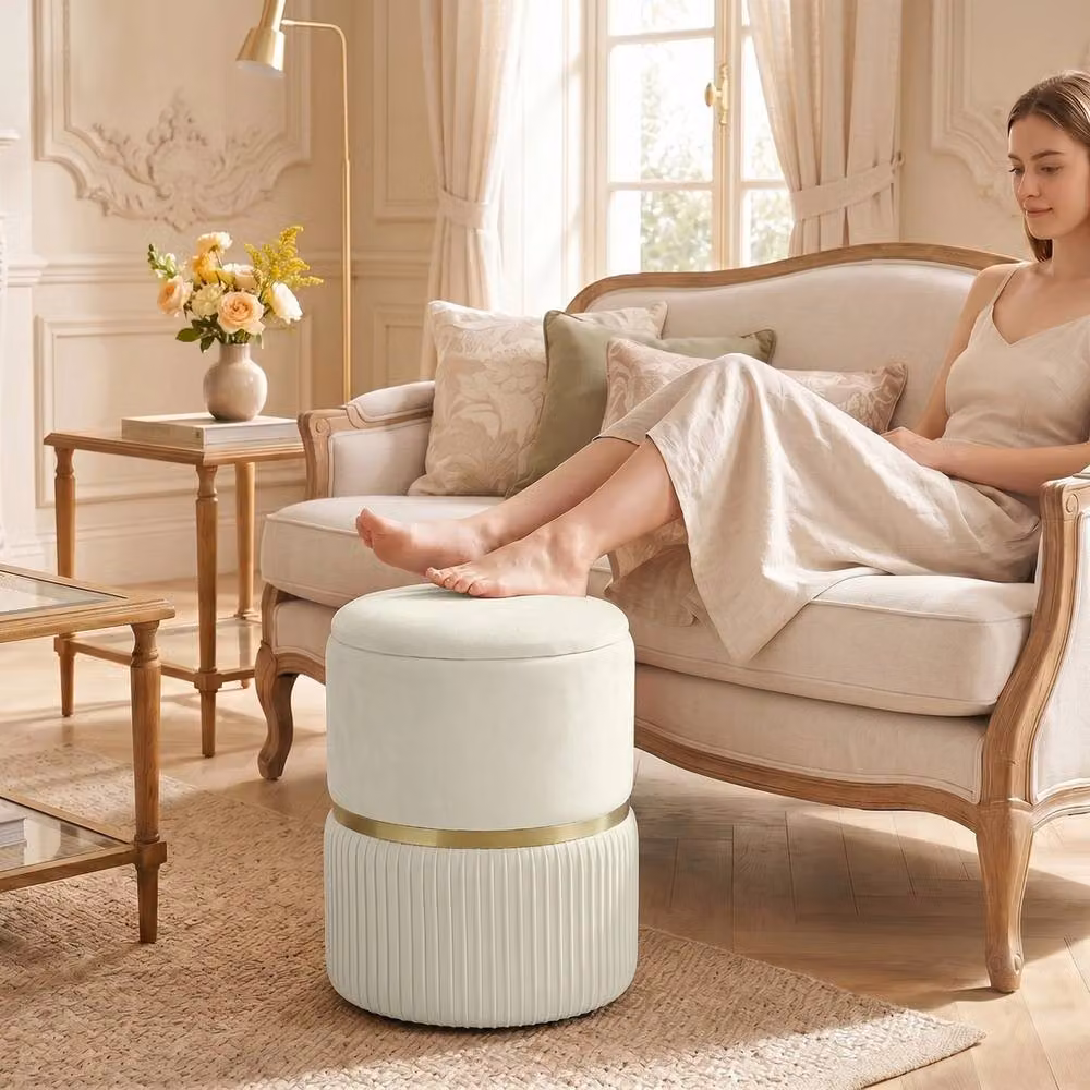 FORGEVIO Round Velvet Storage Foot Stool in Beige, W/D/H: 44 x 44 x 36 cm – 2