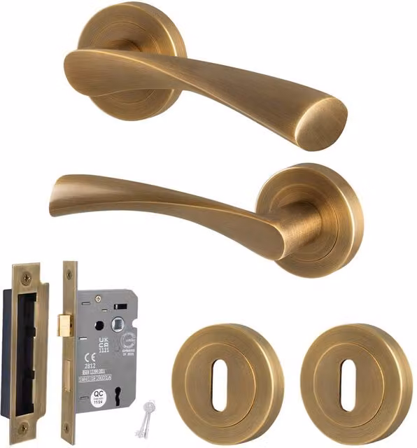 AFIT Antique Brass Door Handle Rose and 64mm Sash Lock Set in Bronze, W/D/H: 15.0 x 15.0 x 15.2 cm